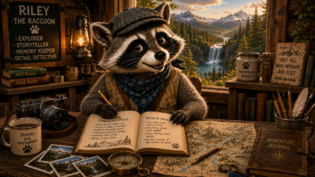 Adventurer Raccoon In A Cozy Cabin 1024x576